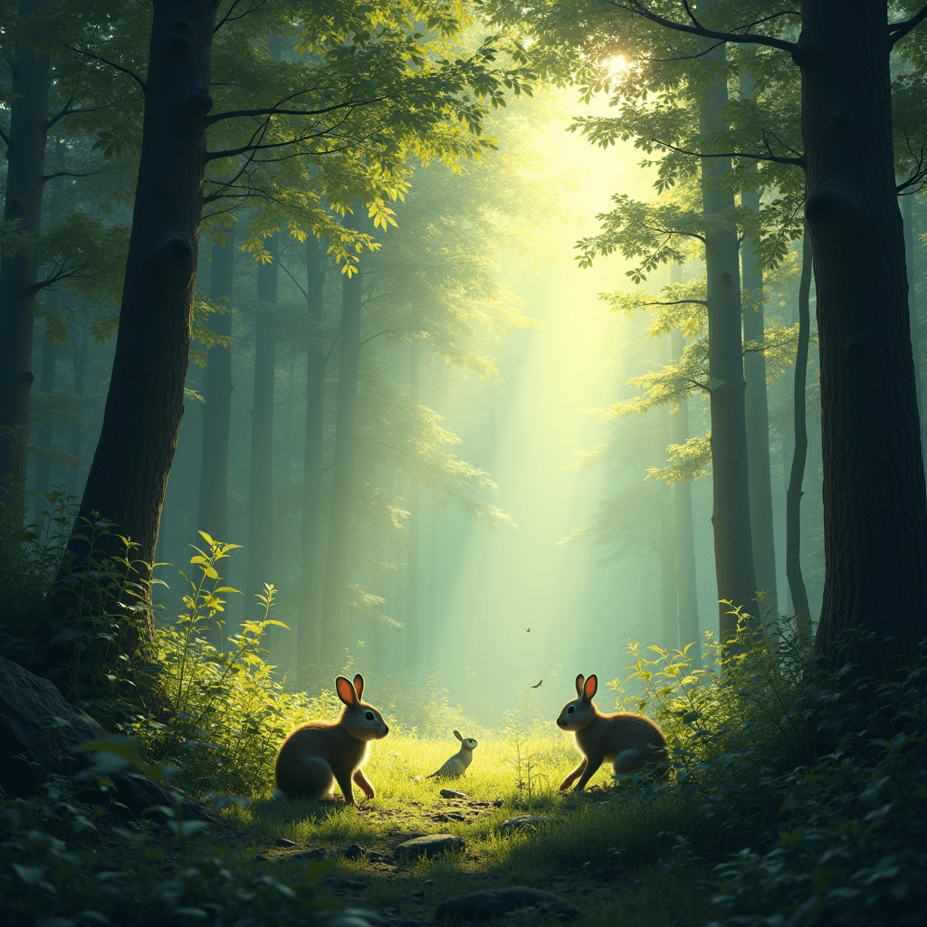 Ultra-Photorealistic Forest Scene: Sunlit Canopy with Wildlife Frolicking