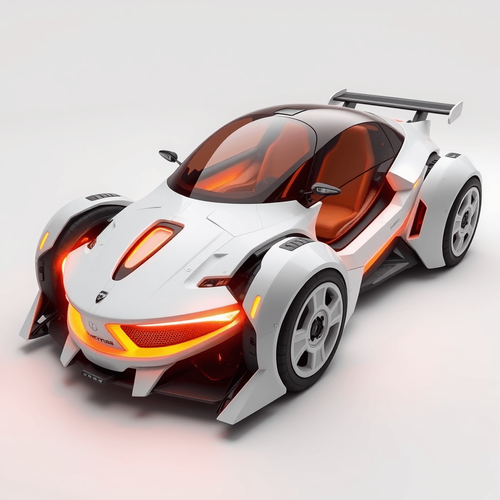 Futuristic Mecha-Styled Sci-Fi Car: White & Orange 3D Render with Minimalistic Design