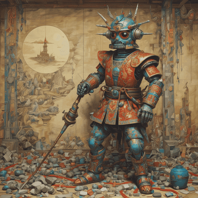 robot samurai, masquerade, Wooden stake grappling hook, striking, Crystal mountain, New moon, by Edward Hopper, PBR, Maya Model, Fisheye Lens, Paper-Mache, Electric Colors, Detailed and Intricate, Lonely, Colored Pencil, Mural