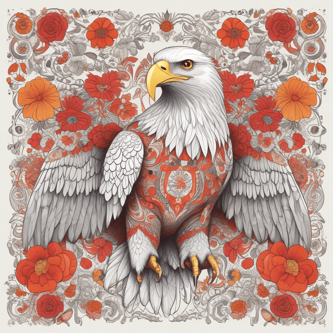 Majestic Eagle Illustration in Vibrant White, Reds, and Oranges with Floral Patterns