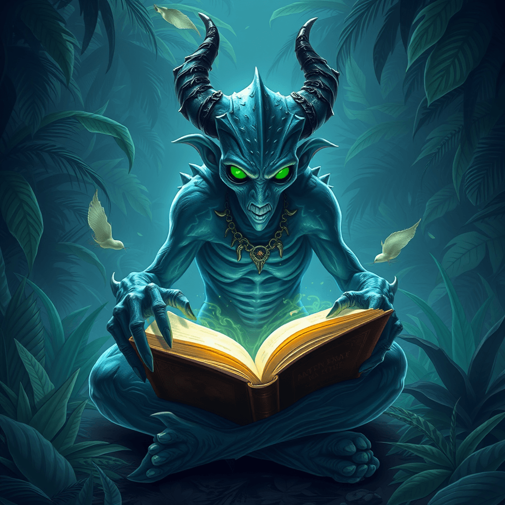 Mystical Mythic Creature immersed in magical book surrounded by tropical plants