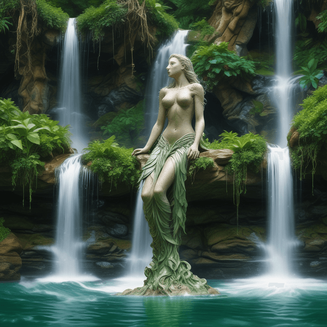 Majestic Waterfall Sculpture: Surreal Stone Woman Emerging from Water