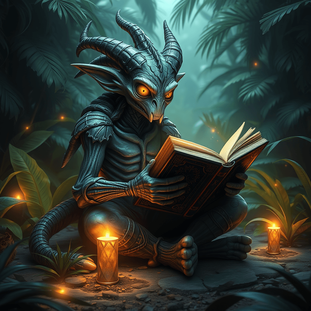 Enchanting Mythic Creature immersed in Magic Book amidst Jungle
