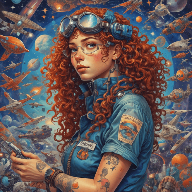 Curly-haired woman with aviator goggles and tattoos in cosmic aviation scene