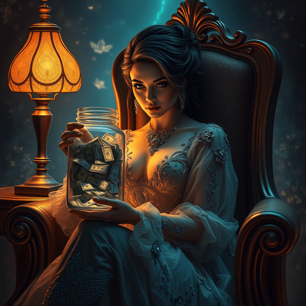Surreal Fantasy Portrait: Elegant Woman with Money Jar in Enigmatic Atmosphere