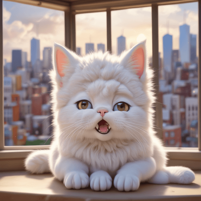 An enchanting 3D render of an adorable anime-style chibi white Tatra Shepherd cat, just waking up with eyes wide open and yawning, exuding a slightly grumpy and annoyed demeanor. The cat is surrounded by a vibrant, lively atmosphere, with sunrays piercing through clouds and a bustling city visible through the window behind her. The city life continues in the background, punctuated by singing birds, contributing to the energetic ambiance., 3d render, vibrant, anime