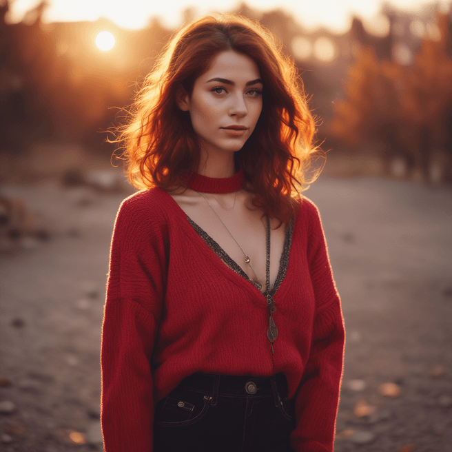 Unique Iranian Girl in Oversize Knit Jumper | Cinematic Red Theme | Cozy Sunset Vibes