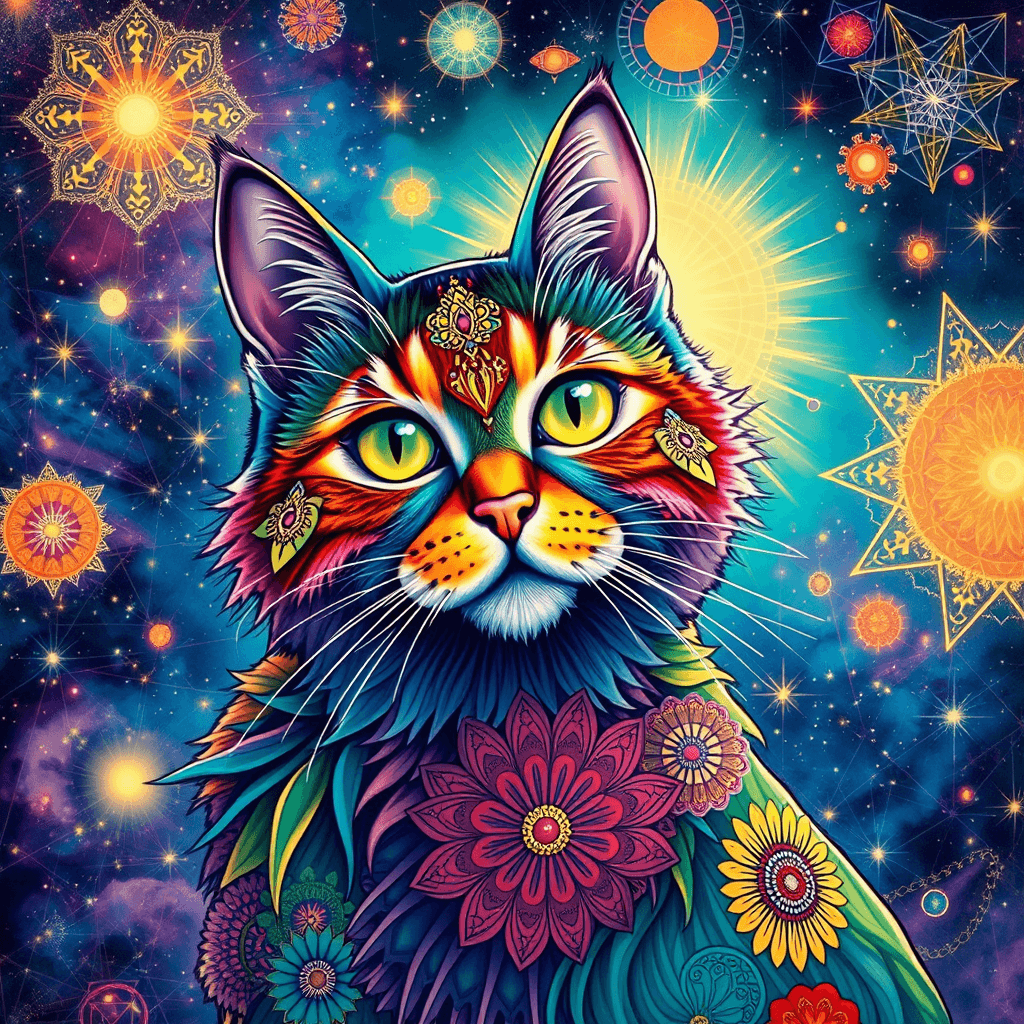 Colorful Mandala Cat in Cosmic Universe - Alphonse Mucha Style