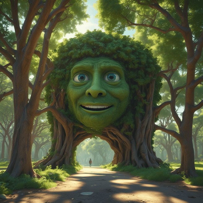 3D Rendered Pixar Style Tree Head Infrastructure in Futuristic Green Surrounding – Fulgent AI