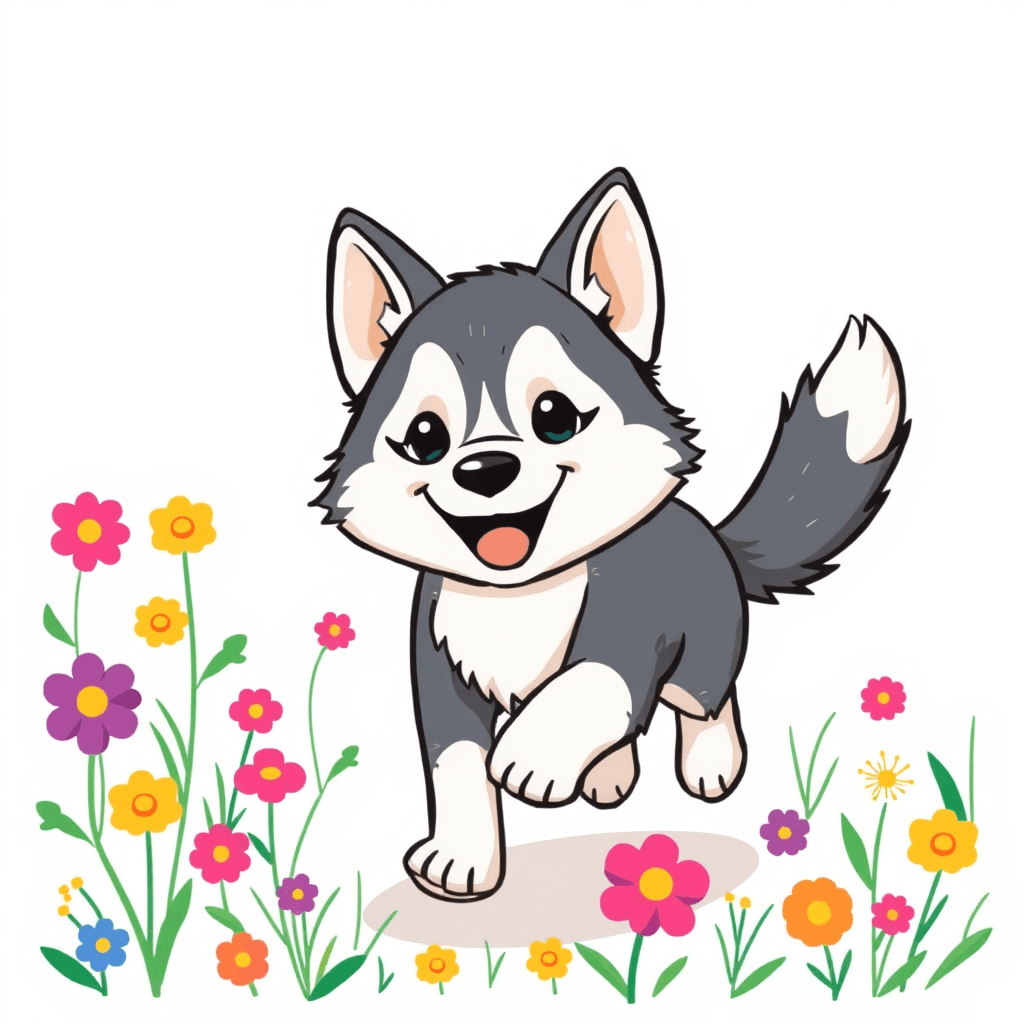 Charming Husky Illustration: Playful Dog in Field of Flowers | Fulgent AI