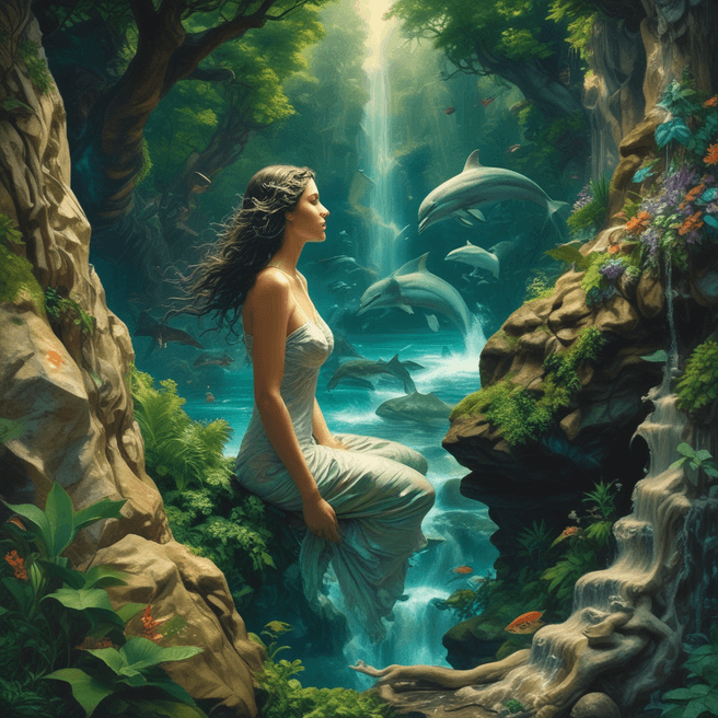 Majestic Waterfall Sculpture: Surreal Stone Woman Emerging from Water