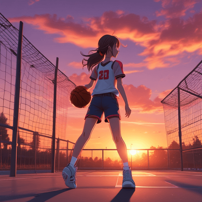 Anime Girl Playing Basketball at Sunset in 4K – Detailed Character Design with Full Body Art and Dynamic Action Pose
