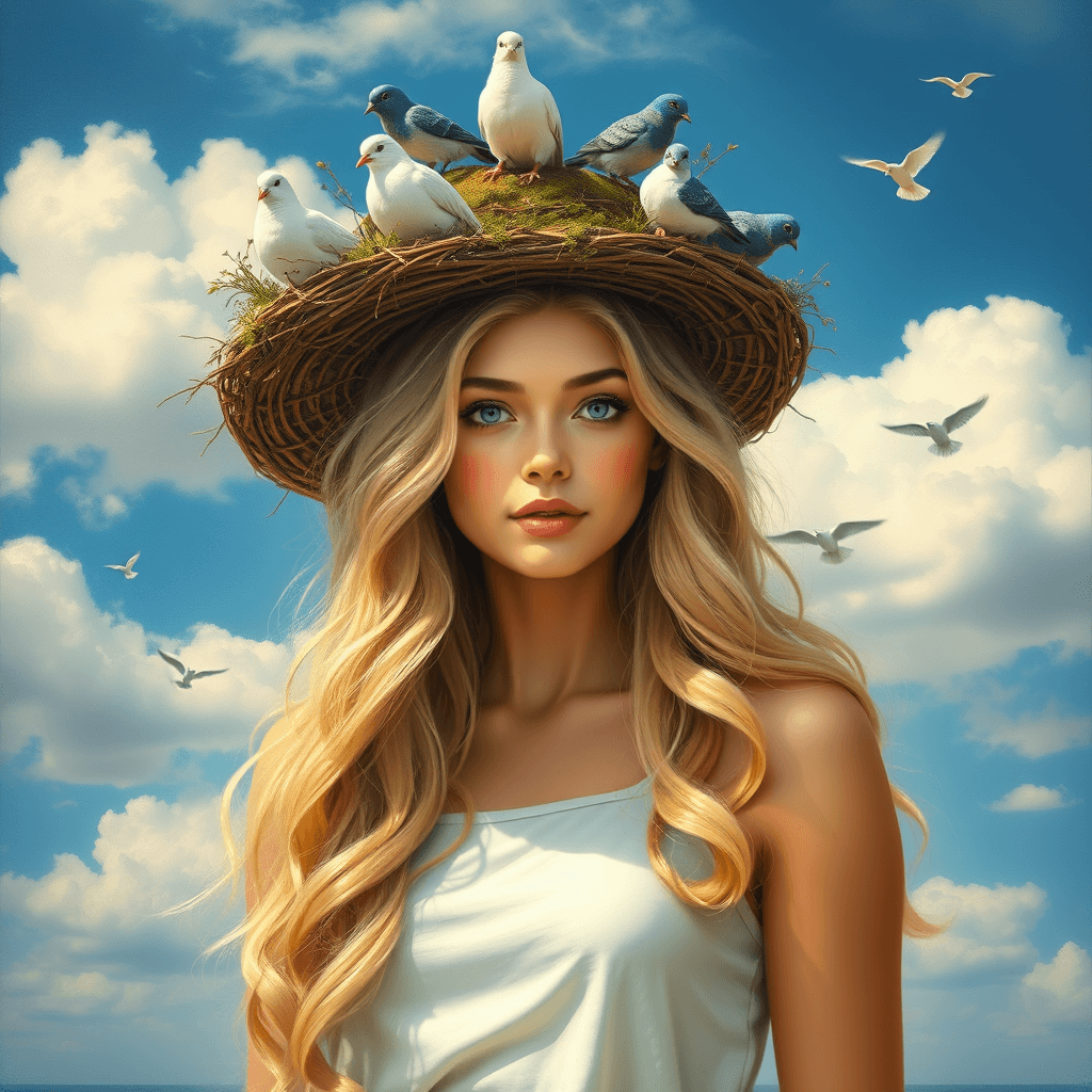 Whimsical Bird Hat Portrait - Vibrant Fashion Painting