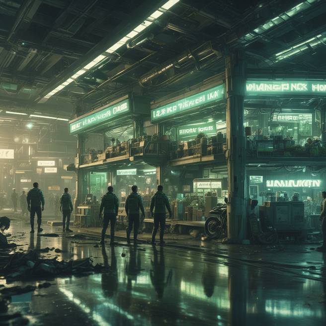 Futuristic Cinematic Action Scene: Lunar City Convenience Store Ambiance