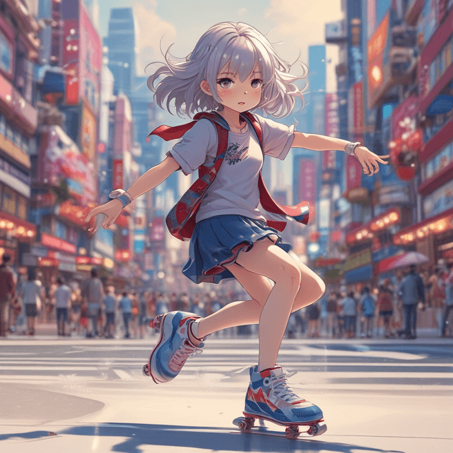 Highly Detailed 4K Anime Girl Skating Art for Aesthetic Enthusiasts