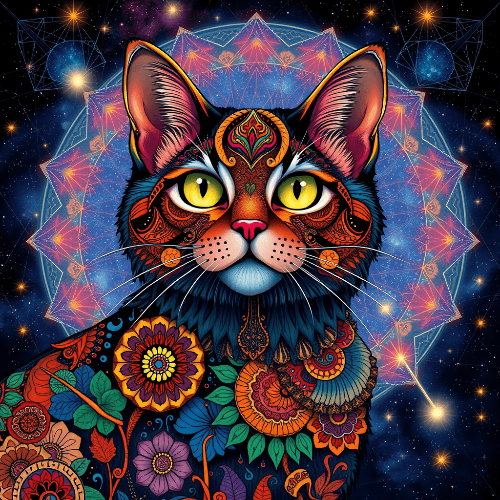 Colorful Mandala Cat in Cosmic Universe - Alphonse Mucha Style