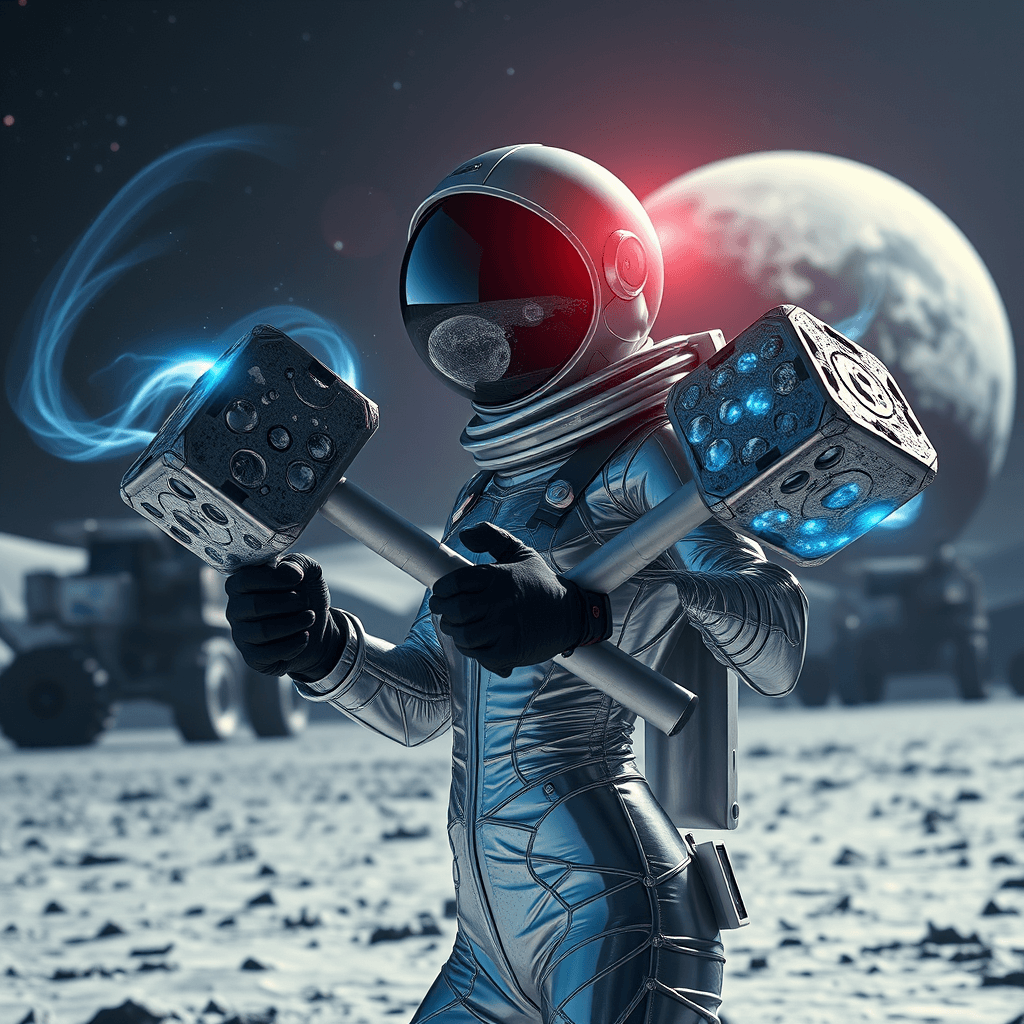 Explore Lunar Industrial Fantasy with Hourglass Woman wielding Meteor Sledgehammers