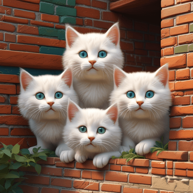 Adorable Fluffy Kittens 3D Render: Heartwarming Kittens Stackled Behind Brick Wall