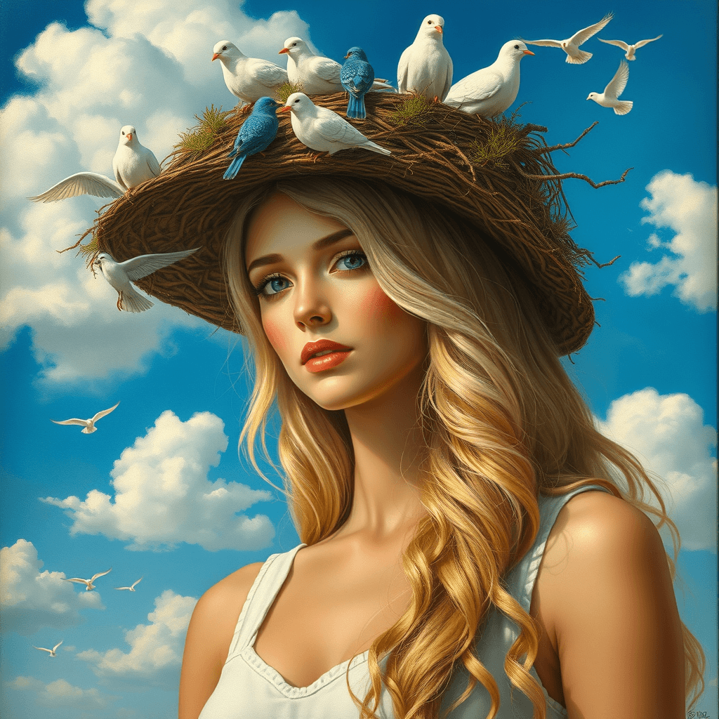 Whimsical Bird Hat Portrait - Vibrant Fashion Painting