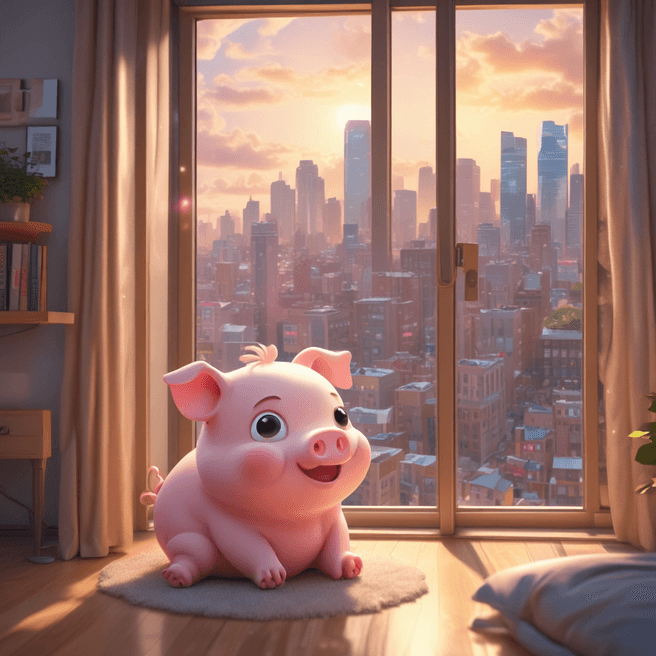 Vibrant 3D Anime Chibi Pig Yawning in City Scene