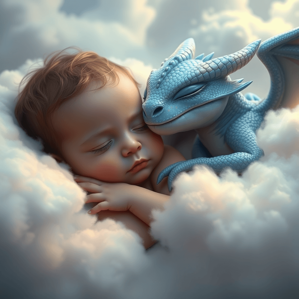 Enchanting Baby and Dragon Sleeping in Dreamy Clouds - Fantasy Art