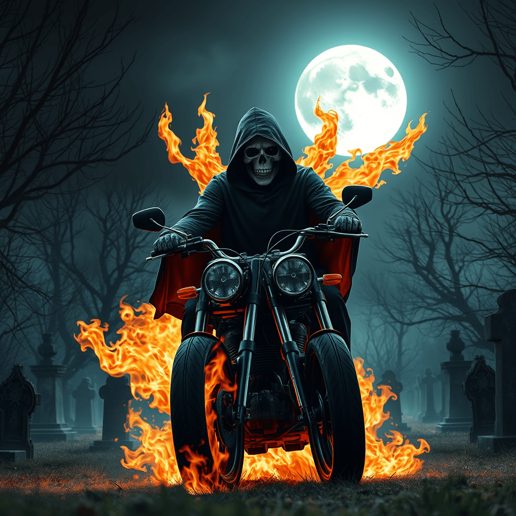 Ghost Rider in Fiery Graveyard: 8k Ultra-Realistic 5D Photo