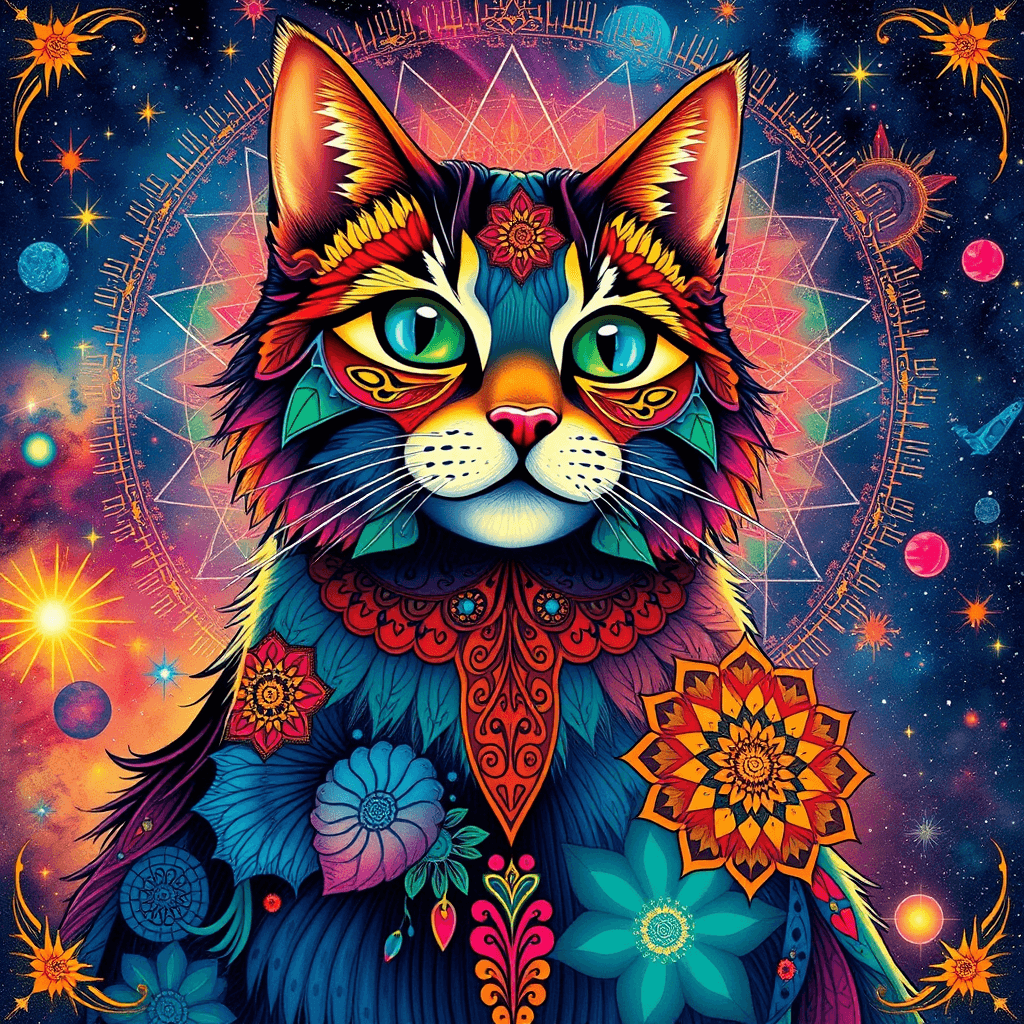 Colorful Mandala Cat Illustration in Cosmic Universe | Alphonse Mucha Style