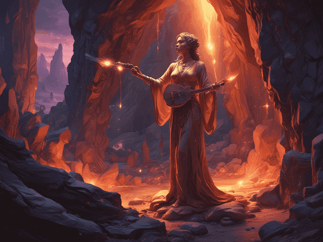 soulful singer, oilskin, firefly sword, vexing, Cave of glowing crystals, Serene sunset, by Felix Nadar, 3D Render, 3D Model, Glamor Shot, Pyrography, Infrared, Sketch, Bitter, Ink, Dadaist