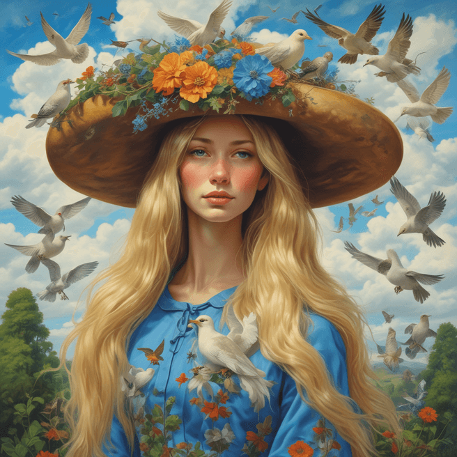 Enchanting Blonde Woman in Bird-Adorned Hat | Fulgent AI