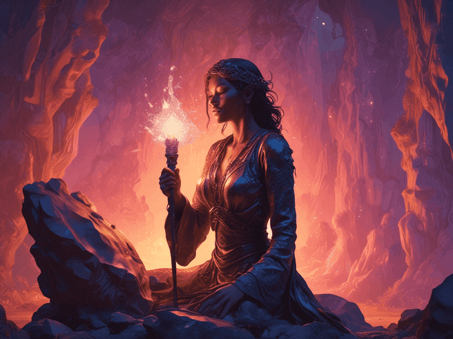 soulful singer, oilskin, firefly sword, vexing, Cave of glowing crystals, Serene sunset, by Felix Nadar, 3D Render, 3D Model, Glamor Shot, Pyrography, Infrared, Sketch, Bitter, Ink, Dadaist