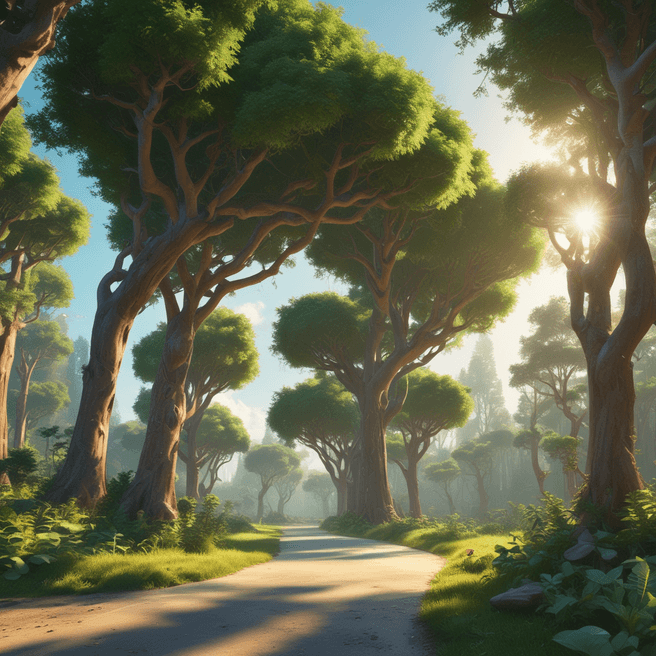 Emerald Futuristic 3D Render: Pixar Style Trees Infra with Radiant Sun Effect