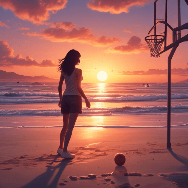 Anime Girl Playing Basketball at Sunset on Beach | 4K Detailed Character Art