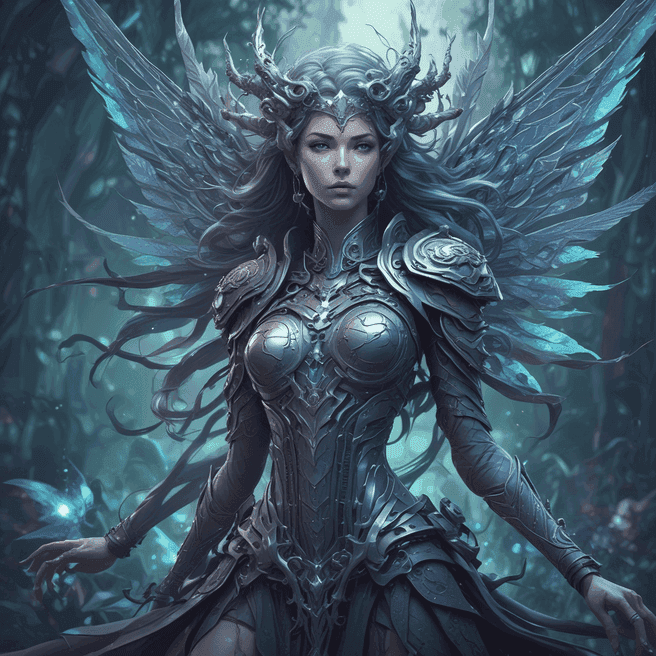 beautiful woman fairy, threads, thorned armor, going ahead, sign of the zodiac, Dark shadows, by Rossdraws, 3D Render, Unreal Engine, Canon50, Papercutting, Cold Color Palette, Line Art, Surprised, Ink, Mural