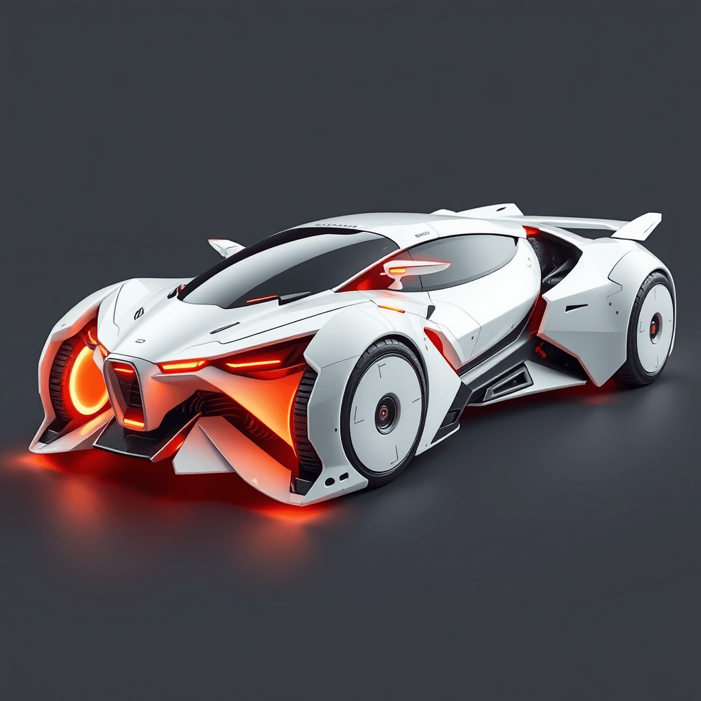 Futuristic Mecha-Styled Sci-Fi Car: White & Orange 3D Render with Minimalistic Design