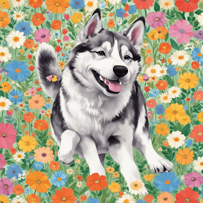 Playful Husky Illustration: Whimsical Kid's Style Art of Dog Running Amid Flowers