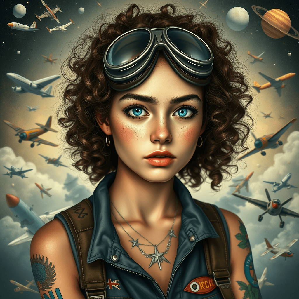 Sci-Fi Aviator Girl with Tattoos in Cosmic Space Scene