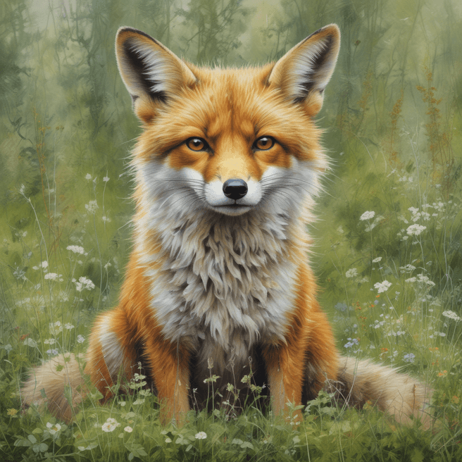 A oil-painting of a cute fox with an expressive face plays in a forest meadow, by Lucy Grossmith and Carne Griffiths, meticulous, intricate, entangled, intricately detailed, highly detailed, perfect wide long shot visual by @challenge2pt masterpiece.