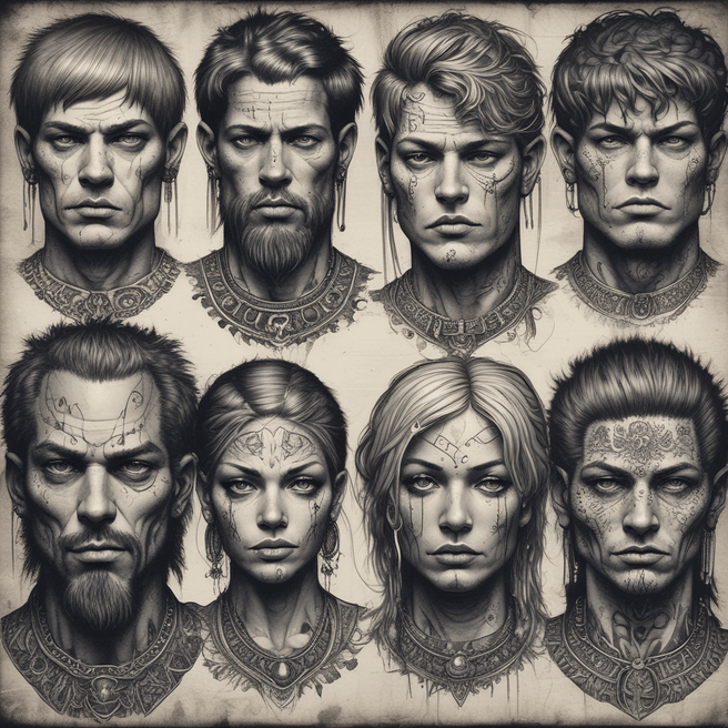 Unique and Eccentric Visuals: Dark Fantasy Cinematic Art with Tattoos and Odd Hair