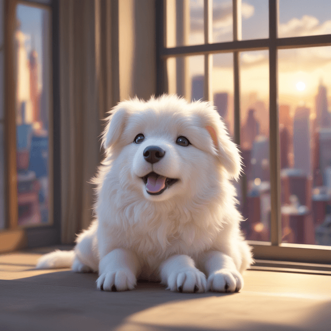 Chibi White Tatra Shepherd Dog 3D Render: Anime Yawning in Vibrant Cityscape