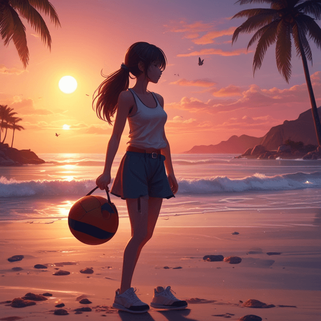 Anime Girl Playing Basketball at Sunset on Beach | 4K Detailed Character Art