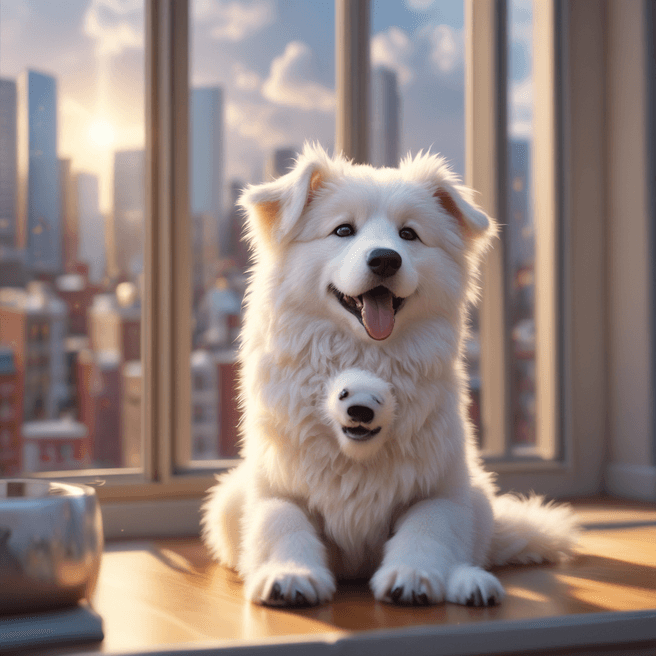 Chibi White Tatra Shepherd Dog 3D Render: Anime Yawning in Vibrant Cityscape