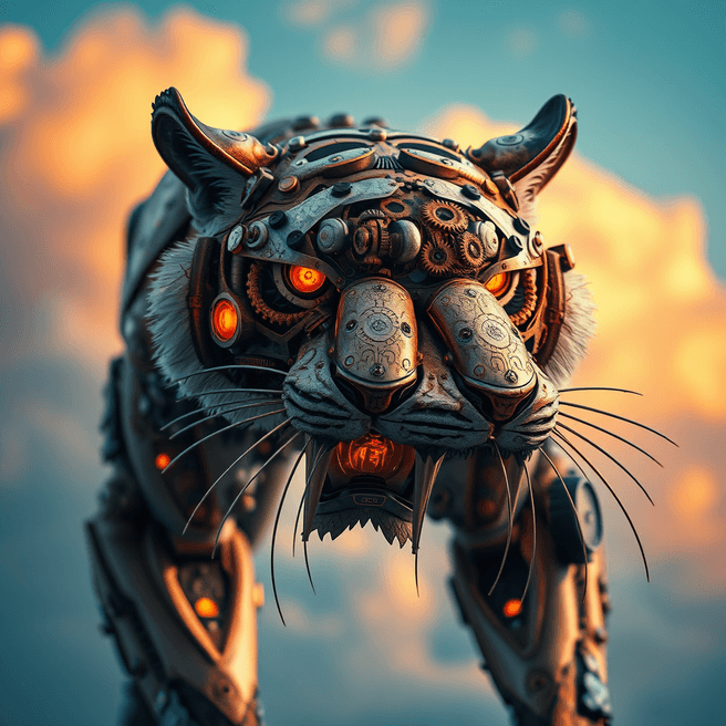 Steampunk Sabertooth Tiger: Hyperrealistic Wildlife Art
