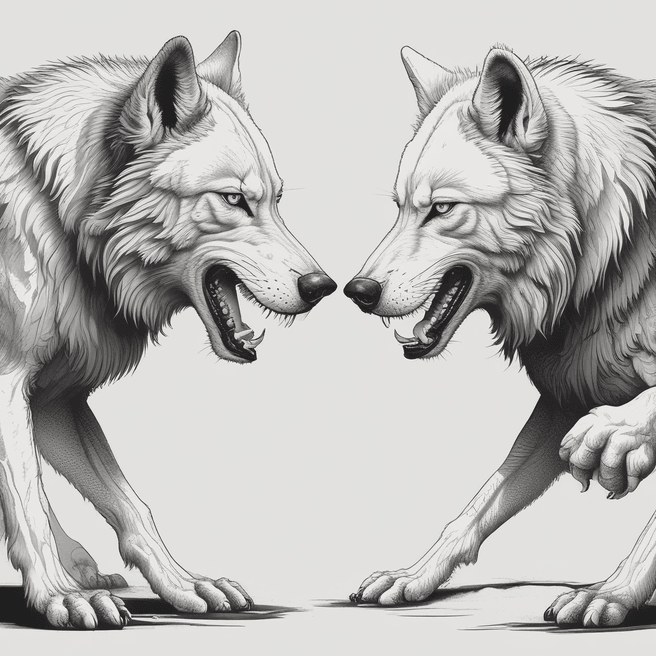 White and Black Wolves in Tense Standoff - Striking Illustration | Fulgent AI