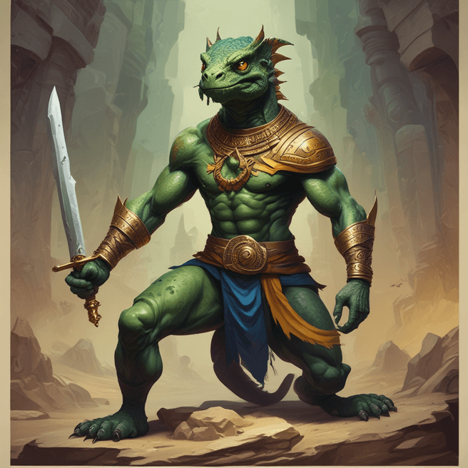 Anthropomorphic lizard warrior in Egyptian attire with swords in cavern - Fulgent AI