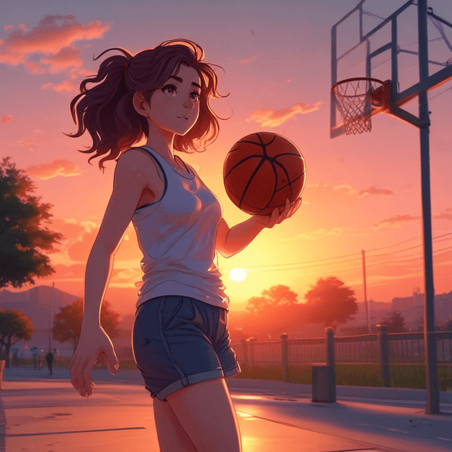 Anime Girl Playing Basketball at Sunset in 4K – Detailed Character Design with Full Body Art and Dynamic Action Pose