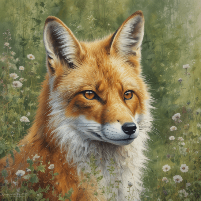 A oil-painting of a cute fox with an expressive face plays in a forest meadow, by Lucy Grossmith and Carne Griffiths, meticulous, intricate, entangled, intricately detailed, highly detailed, perfect wide long shot visual by @challenge2pt masterpiece.