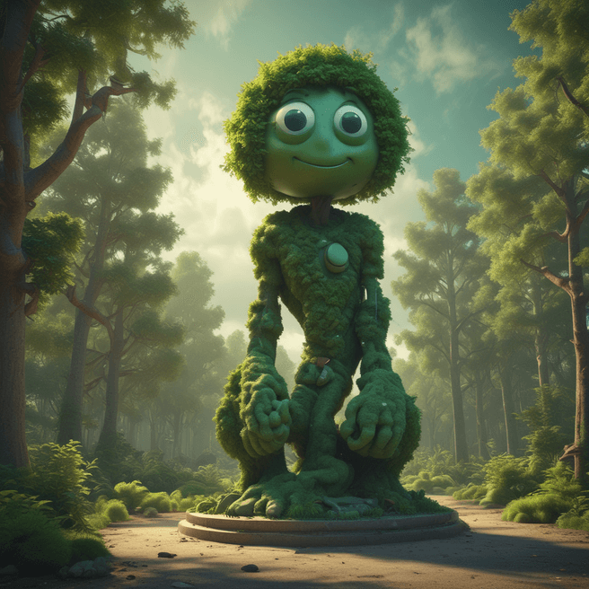 Futuristic Pixar Style Tree Statue in Green Surroundings - 3D Render by Fulgent AI