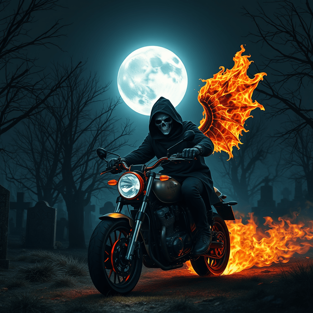 Ghost Rider: Haunting 8K Image in a Fiery Graveyard