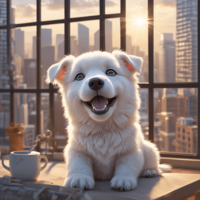 Charming 3D Anime Chibi White Tatra Shepherd Dog Yawning in Vibrant City Scene