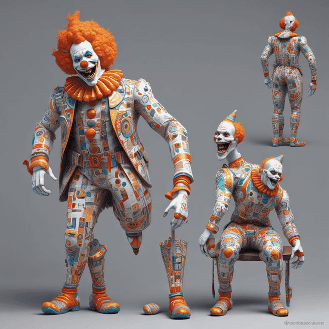 carnival clown, sport jacket, feeder, Doing sit-ups, bottom, Bright white, by Gustave Klimt, Creature Design, Zbrush Sculpt, Macro, Paper Model, Neon, Doodle, Fear, Oil Paint, Dadaist